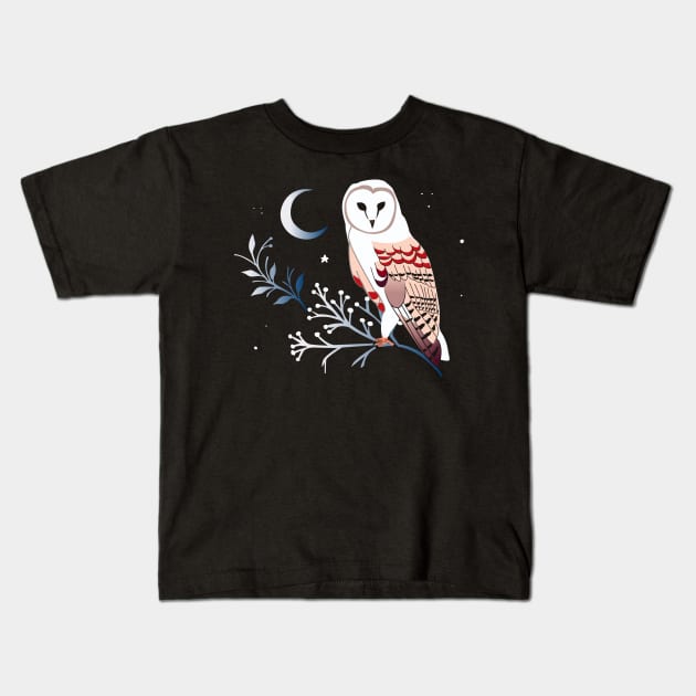 Owl on a frosted winter branch Kids T-Shirt by Witchling Art